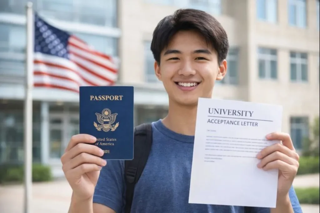 International student holding passport and acceptance letter applying for a US student visa