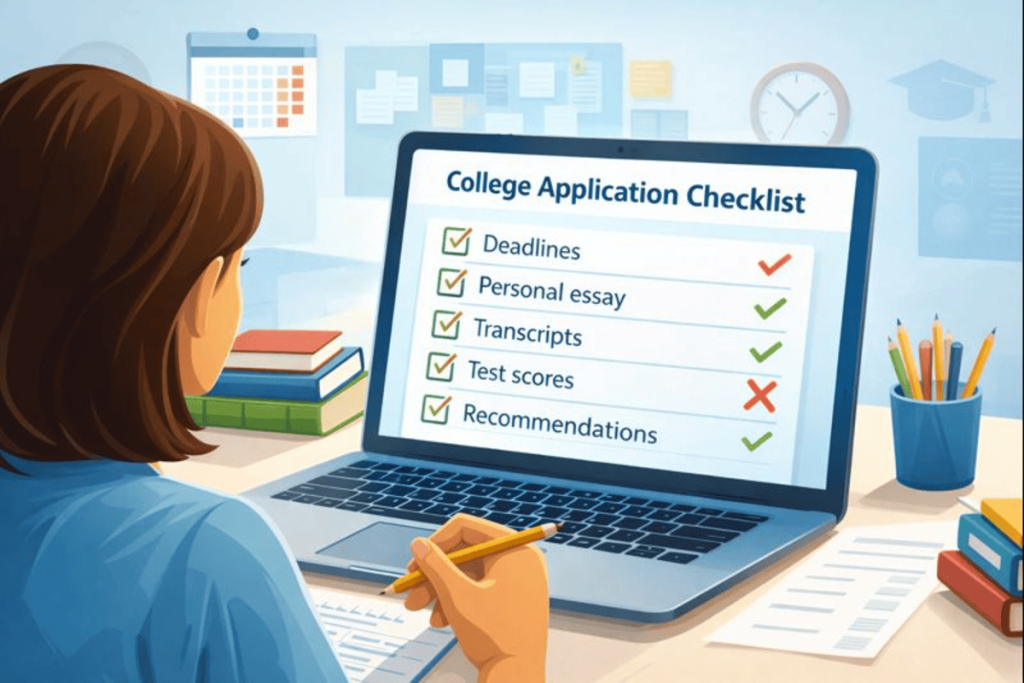 Student reviewing college application checklist to avoid common mistakes