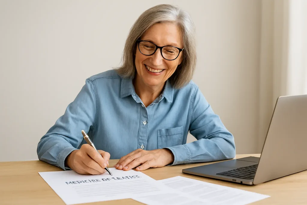 senior applying for medicare benefits at home desk with laptop and paperwork.