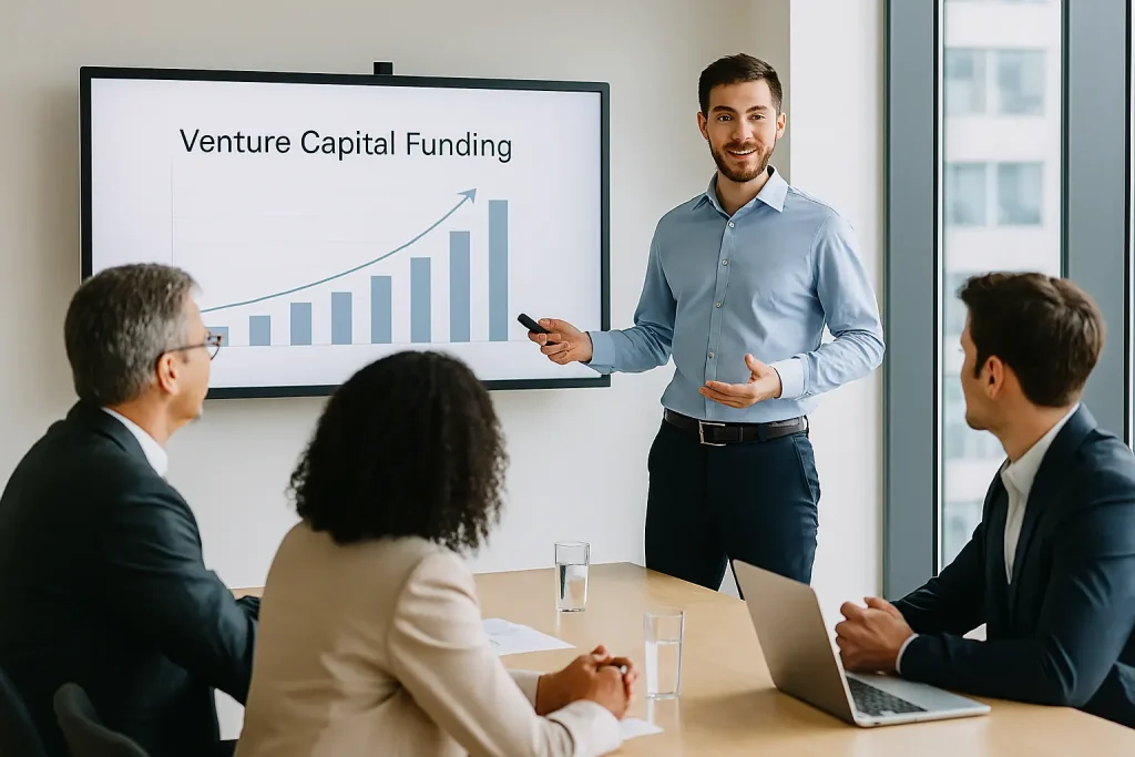 startup founder applying for venture capital funding in modern office